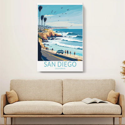 Affiche rétro, «Beach Scene with Palm Trees», impression sur toile