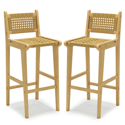 Patio Teak Wood Bar Stool Outdoor Bar Height Chair With Rattan Backrest & Seat by Bay Isle Home