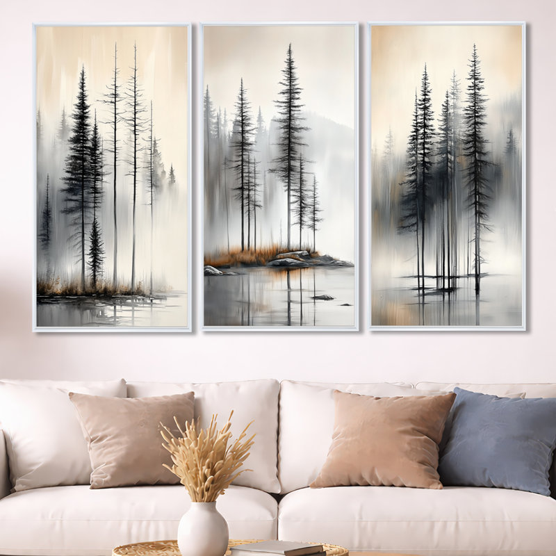 Décoration murale 3 pièces «Misty Summer Pines - Beige Pine», H 32 po x l 48 po, Cadre flottant blanc