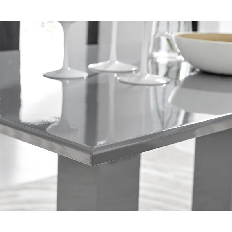 Eubanks High Gloss Double Pillar Dining Table Set with 6 Luxury Faux Leather Dining Chairs, Cappuccino, Gray