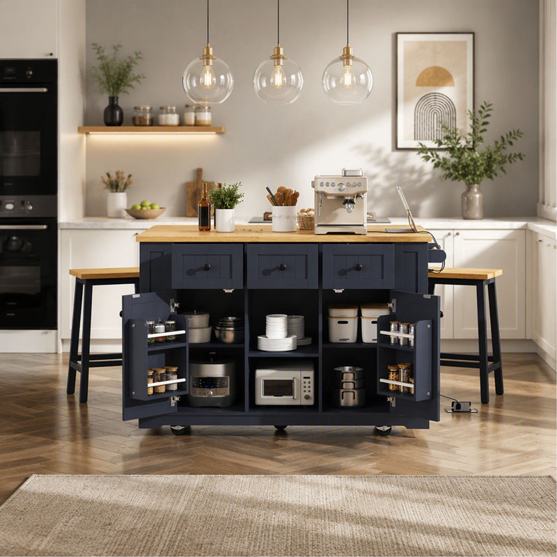 Îlot de cuisine K&K de 135 cm (53 pouces) avec abattant, prise électrique, porte, tablette de rangement interne et chariot de cuisine à 5 roues avec 5 étagères latérales ouvertes, bleu marine (deux colis) (tabourets non inclus)