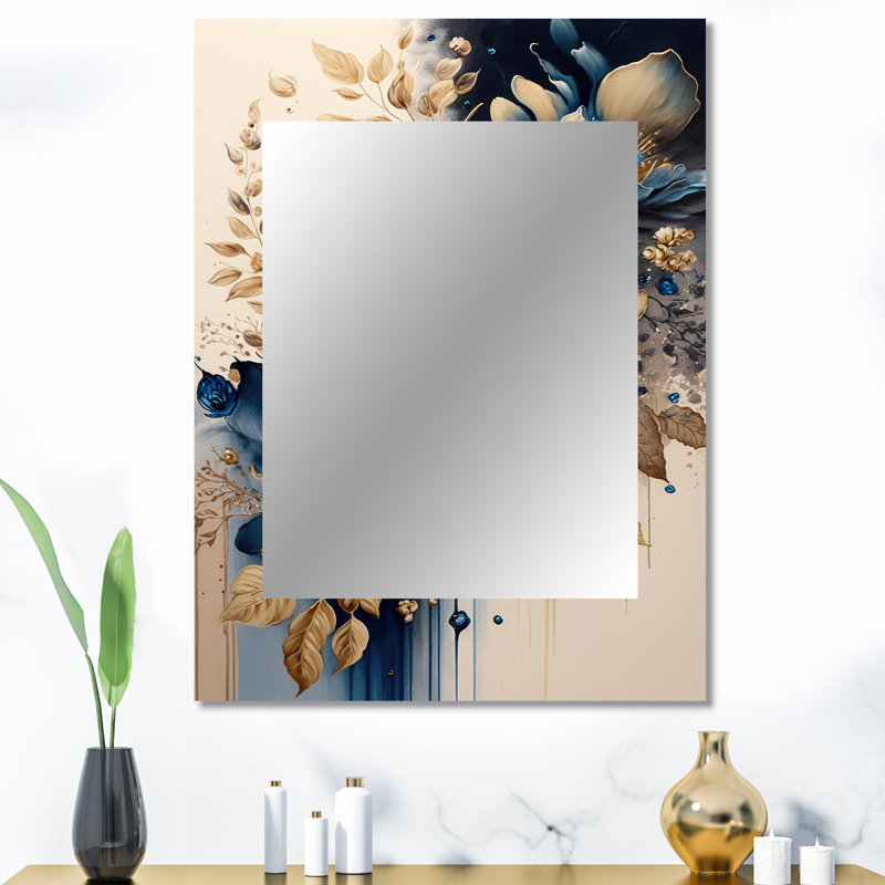 Blue And Gold Floral Bunch III - Floral Large Wall Mirror, Traditional Unique Mirror, Printed Metal Art, 40" x 30"