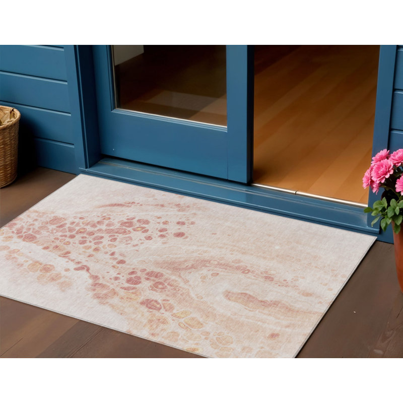 3' X 5' Salmon And Ivory Abstract Washable Indoor Outdoor Area Rug