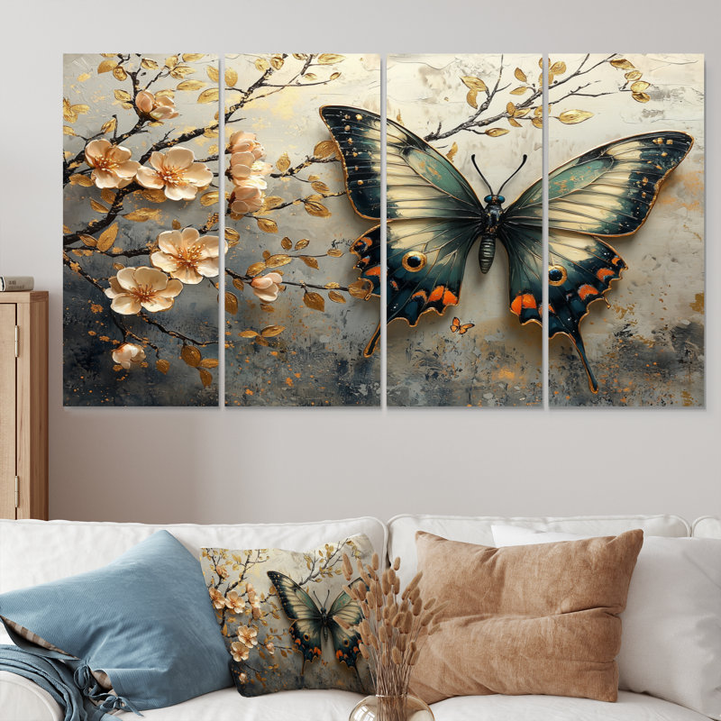 Papillon rétro sur une branche de cerisier en fleurs - ensemble d'art sur toile, H 28 po x l 48 po