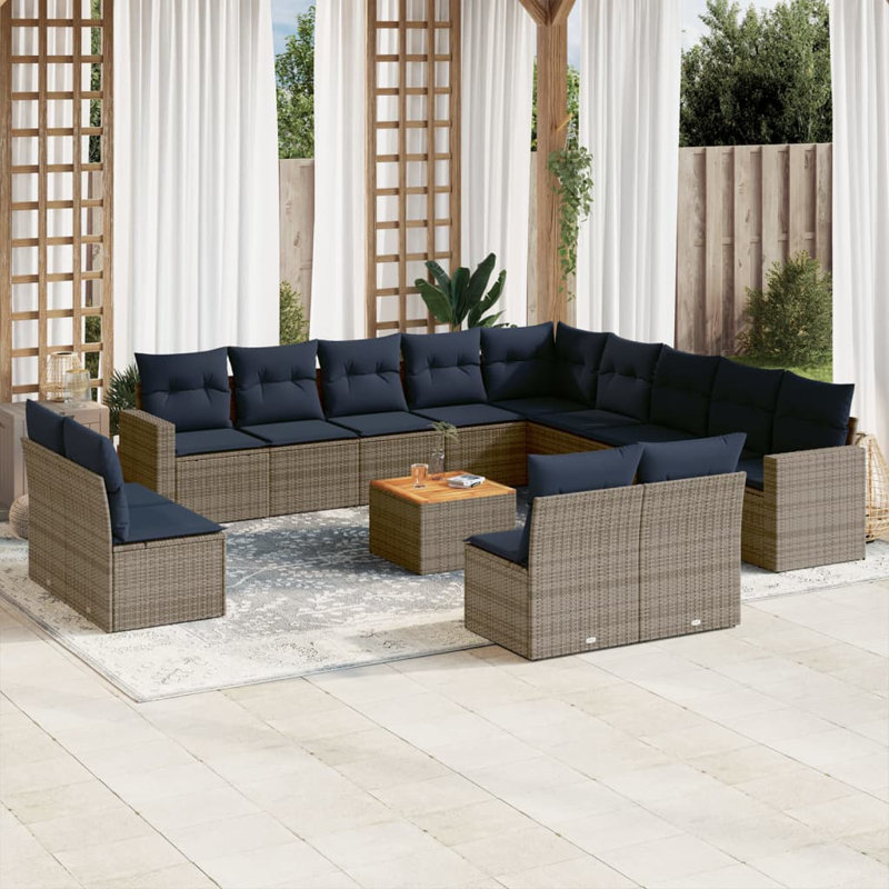Ensemble de canapé de patio 14 pièces avec coussins en rotin de polyester, Gris, Bleu foncé