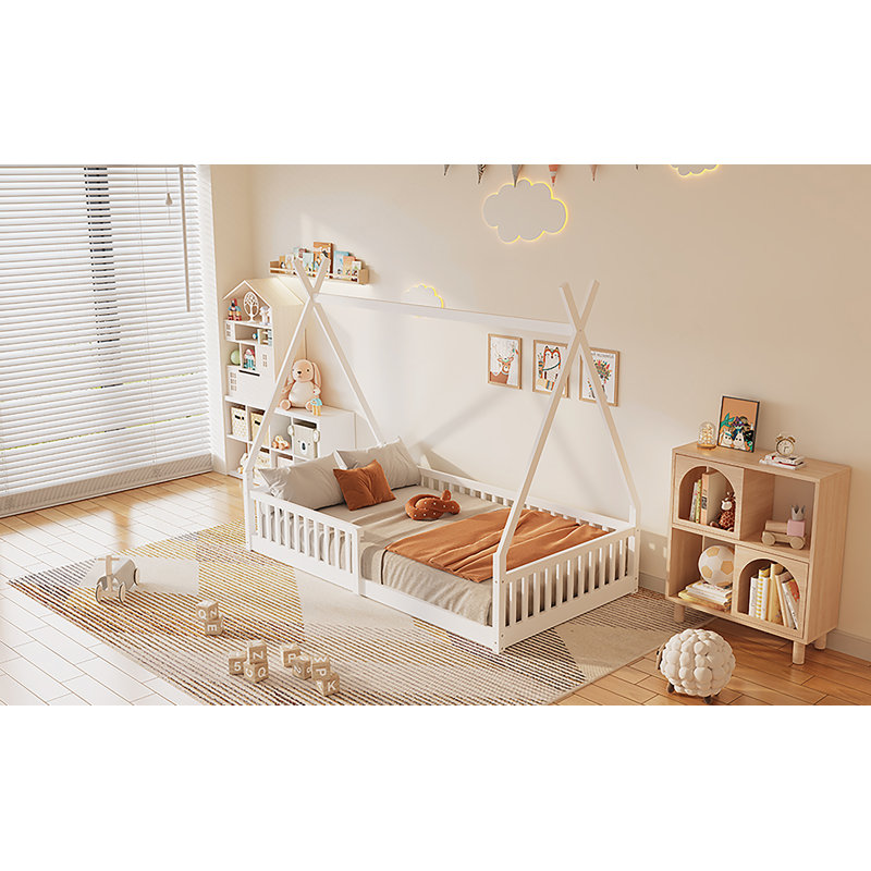 Lit simple en bois avec clôture, blanc, White
