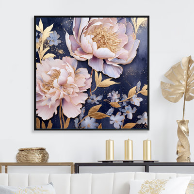 " Pink Retro Peonies On Blue "