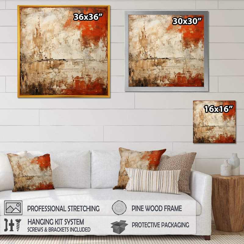 Orange Chaos Collage I - Abstract Collages, art mural, Cadre flottant doré, H 36 po x l 36 po x P 1,5 po