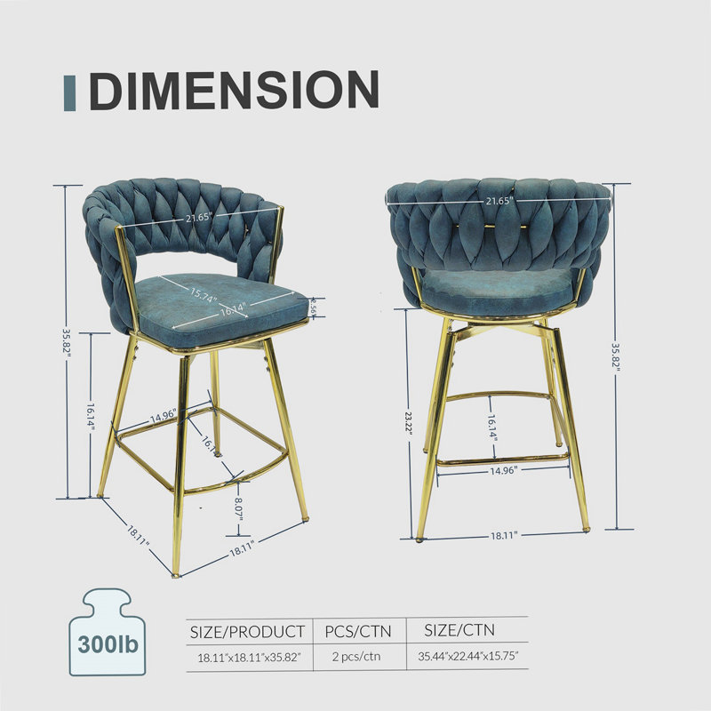 Tabouret de comptoir Aaronda, Siège bleu / cadre doré, Petit tabouret (siège d'une hauteur de 18,7 po), 2