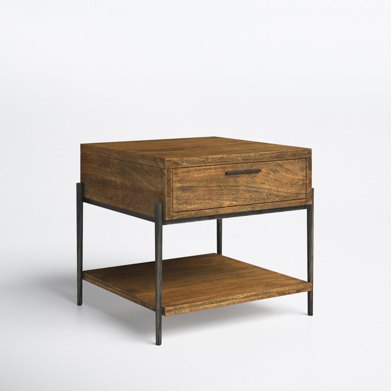 Transitional Brown Mango Wood and Metal End Table with Storage