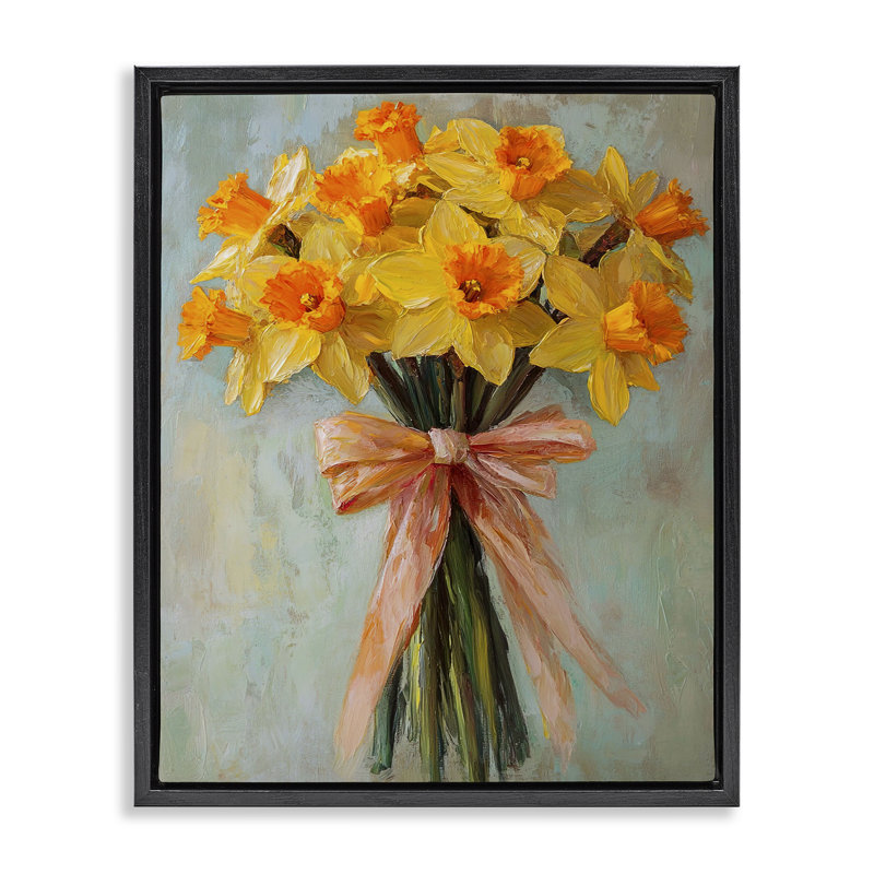 «Spring Daffodils with Ribbon Floater», art mural par Franklyn Gregory, Cadre flottant noir de jais, H 21 po x l 17 po