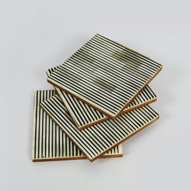 Pinstripe Bone & Resin Inlay Coaster Set of 4 – Handcrafted Black and White Striped Drink Coasters with Decorative Geometric Design | Mela Artisans