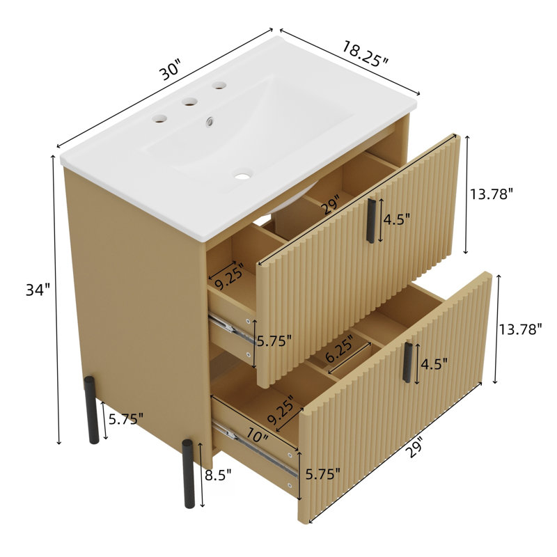 Meuble-lavabo sur pied 30 po avec lavabo en céramique et tiroirs pleine extension, Tanné
