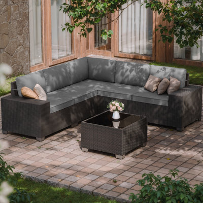 Ensemble de canapé modulaire en rotin PEHD pour l'extérieur 5 personnes avec coussins et accoudoirs larges toutes saisons