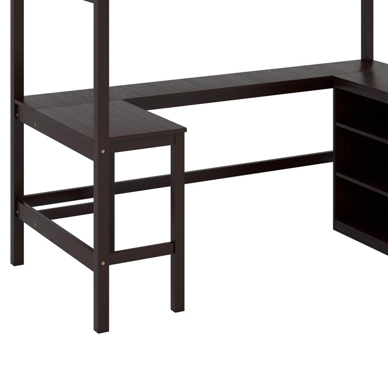 Lit mezzanine simple avec tablettes et bureau, Espresso
