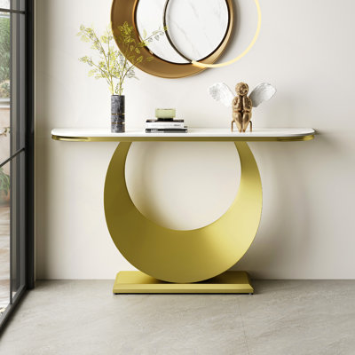 Demi-console de qualité supérieure avec plateau en faux marbre et base en métal doré, table d'entrée étroite pour le couloir (120 cm / 47 po), table de canapé et mobilier d'appoint pour le vestibule, le salon, la chambre à coucher