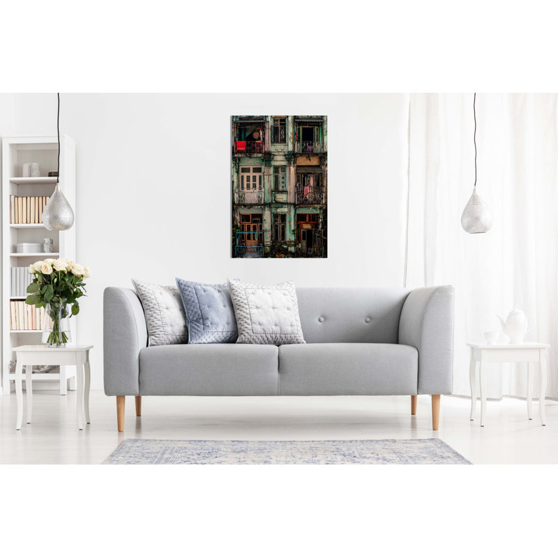 Old Green Apartment Balcony Block Architecture - Wrapped Canvas Print, 31cm H x 20cm W x 1.8cm D