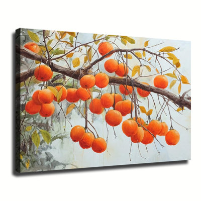 Persimmon Fruit Branches Autumn Harvest Painting, Large Gallery Wrapped Canvas Wall Art Print For Living Room Bedroom