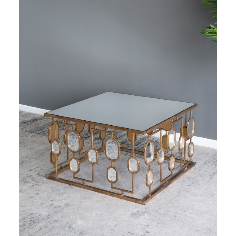 32 Inch Gold Geometric Iron and Glass Coffee Table