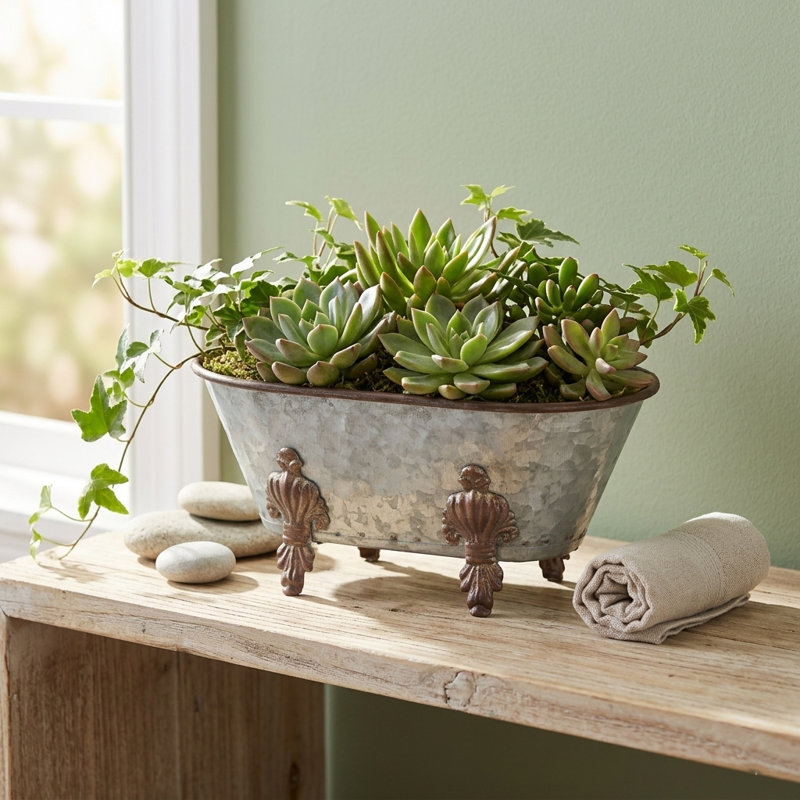 Lavande Metal Fleur-de-Lis Tub Decor - Small - Galvanized, 4.5" H x 8.5" W x 7.5" D, Galvanized Steel
