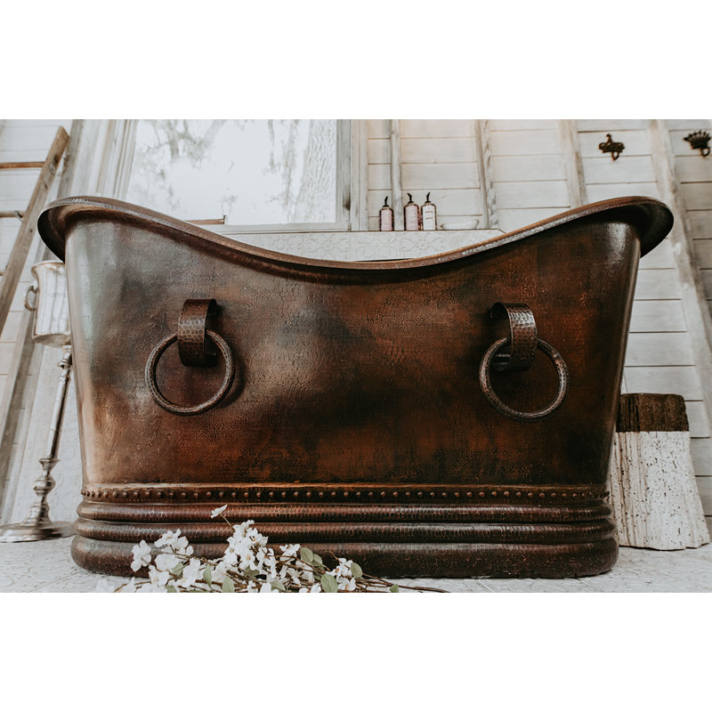 67" Hammered Copper Double Slipper Bathtub With Rings, Glazed White/Polished Copper