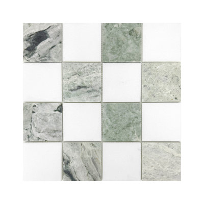 Carreaux de mosaïque adoucis à damier en marbre vert Ming et Thassos 3 po × 3 po pour murs et sols