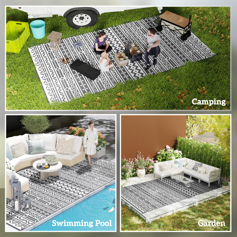 Reversible Outdoor Rug, 9' x 18' Waterproof Plastic Straw Floor Mat, Portable RV Camping Carpet, Large Floor Mat for Backyard, Deck, Picnic, Beach, Black & Gray Geometric Wall