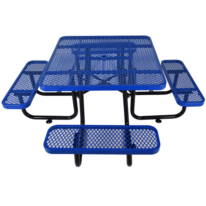 Table de pique-nique carrée en acier pour l'extérieur 46 ", avec parasol, Bleu