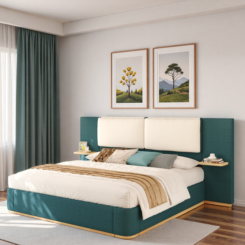 Lit plateforme tapissier avec tablettes, Vert / Beige, Grand lit