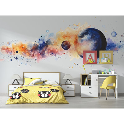 Art mural aquarelle espace, décor de chambre de bébé planète, galaxie chambre d'enfant, murale moderne espace 152Mv