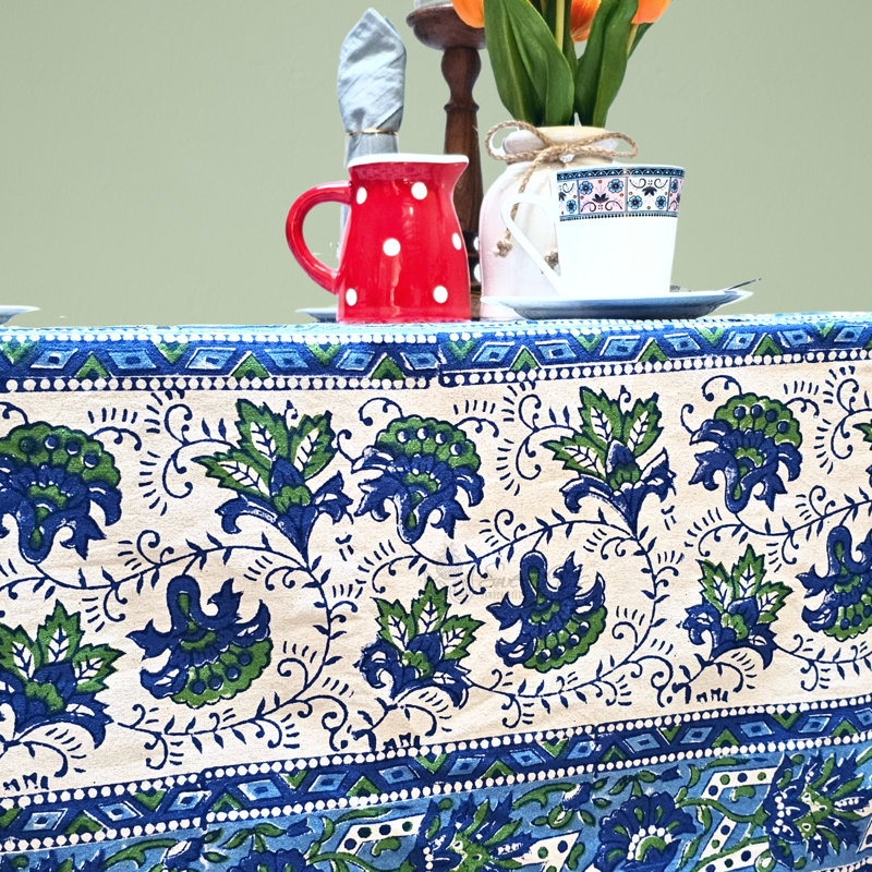 Cotton Block Print Lotus Flower Tablecloth, 90" L x 60" W