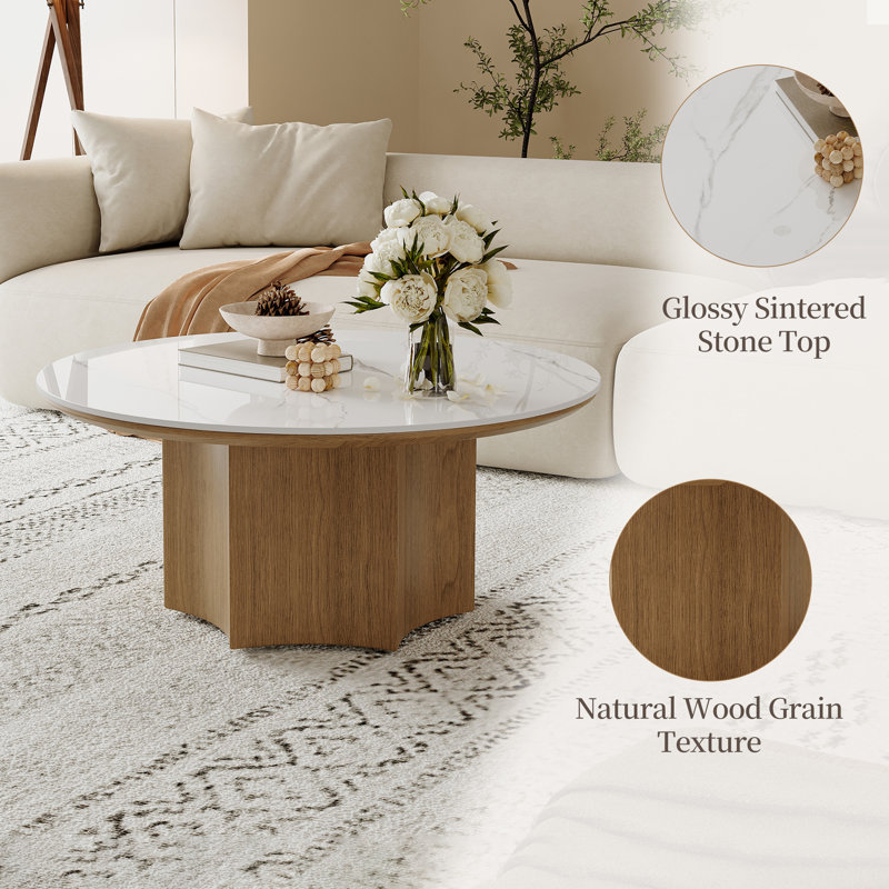 Round Faux Marble Coffee Table with Solid Wood Base - Modern Easy Assembly Living Room Coffee Table for Home Decor, White