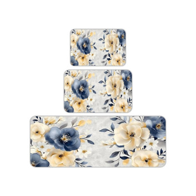 Grey Blue Watercolor Floral Kitchen Rug 3 Piece Set for Soft Kitchen & Living Room