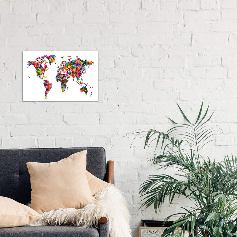 World Map Hearts Multicolor by Michael Tompsett - Print on Canvas, Wrapped Canvas, 66.04 cm H x 45.72 cm W, White/Red/Green