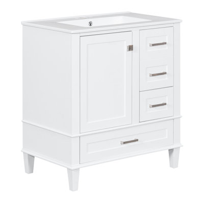 Meuble-lavabo moderne de 30 po avec cadre en bois massif et lavabo, 3 tiroirs et porte à fermeture en douceur pour rangement en céramique, rangement
