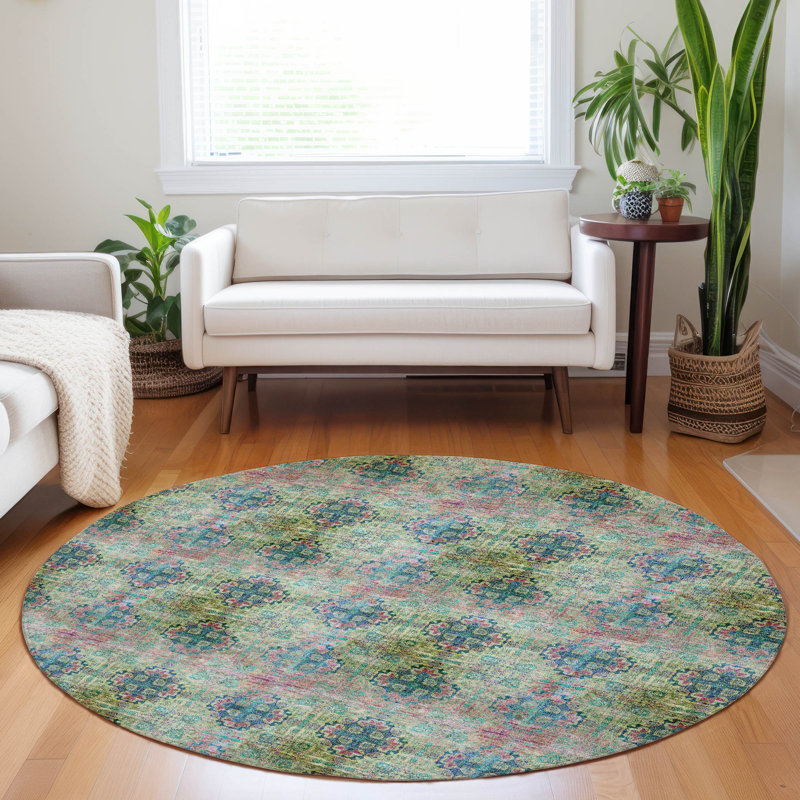 Fantarella Washable Floral Indoor / Outdoor Rug, Round 8'