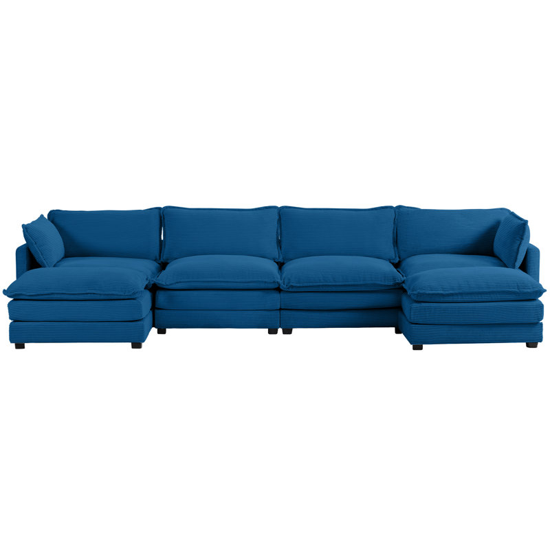 Redenius 6-Piece 148'' Upholstered U-Shape Sectional, Navy Corduroy