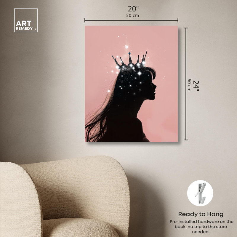 Crowned Silhouette Black and Pink Wrapped Canvas Art Print