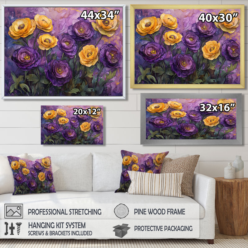 Lavande, champ de fleurs de renoncule II - Renoncule, art mural, H 16 po x l 32 po, Toile tendue
