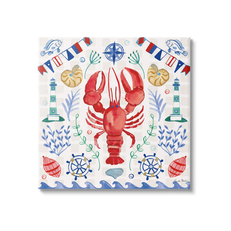 " Lobster on Nautical Pattern " Graphic Art Print, 17" H x 17" W x 1.5" D, Coastal White Framed Giclee