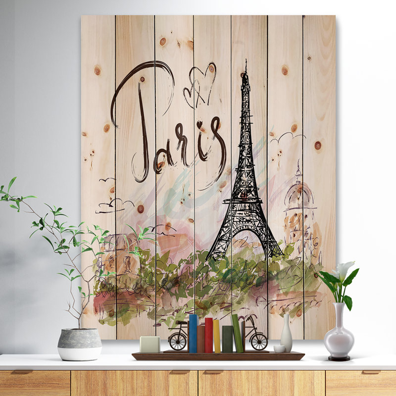 « eiffel tour avec paris scribble », peinture beige, H 40 po x l 30 po x P 1,5 po, Bois