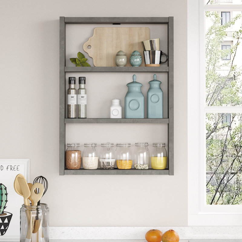 Tablette murale moderne, finition argent, 17,0 x 23,6 x 3,5 pouces | 100% panneau de particules enduit de mélamine, épaisseur: 0,7 pouce | Conception élégante et fonctionnelle avec de nombreuses tablettes pour l'organisation à la maison ou au bureau