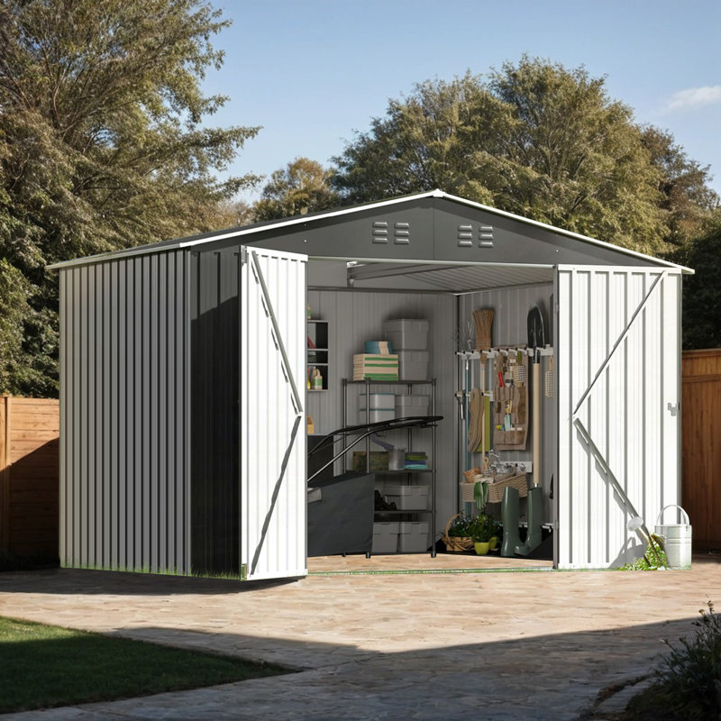 8FT Outdoor Waterproof Metal Storage Shed, 76.42"H x 139.01"W x 98.02"D
