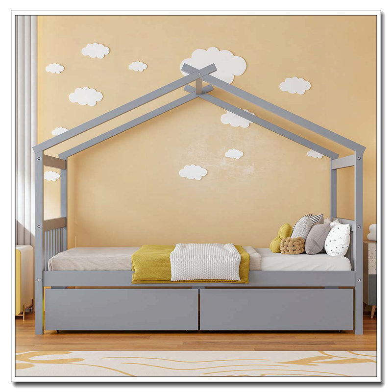 Lit en bois avec tiroirs, gris, Simple