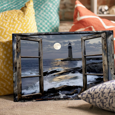 Vintage Window Lighthouse Canvas Wall Art (Coastal Night Tone) Stretched Frame for Cozy Nook