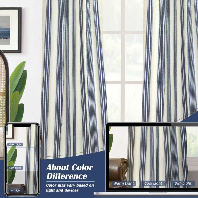 Chris Striped Linen Blend Textured Light Filtering Semi Sheer Rod Pocket Back Tab Curtains, 52" W x 102" L, Navy