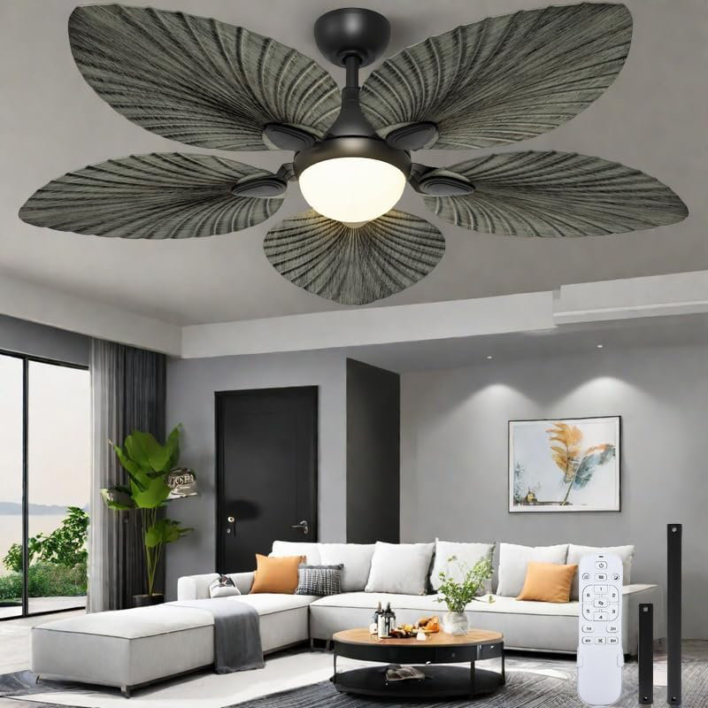 52 inch Ceiling Fans with Lights, Tropical Ceiling Fans with Lights and Remote, Tri-Colour LED, Reversible 6-Speed w/Quiet DC Motor Timing
