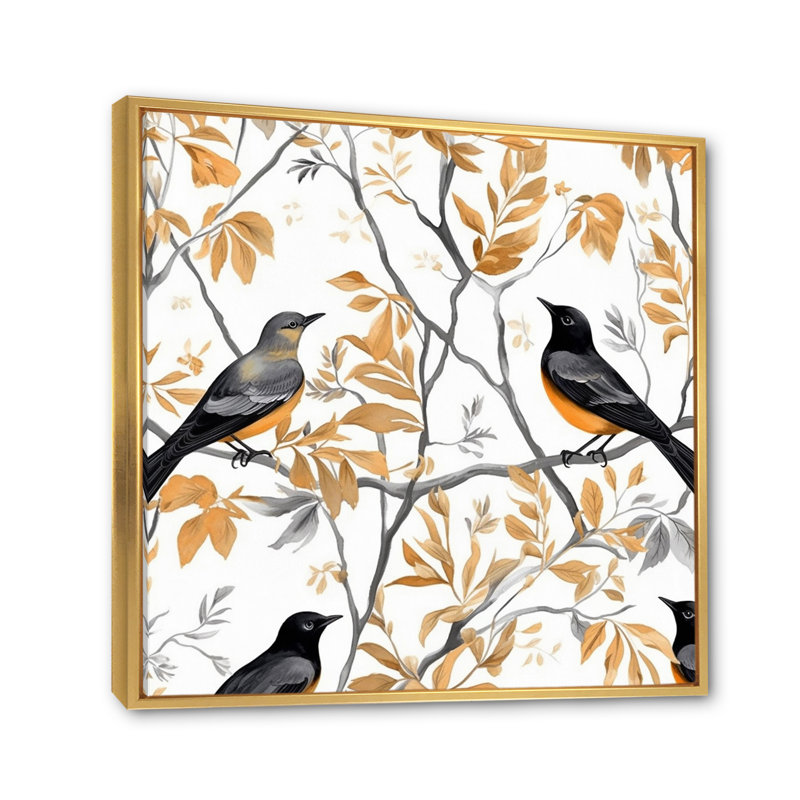 Oiseaux bruns noirs sur arbres - reproduction, Cadre flottant doré, H 30 po x l 30 po x P 1 po