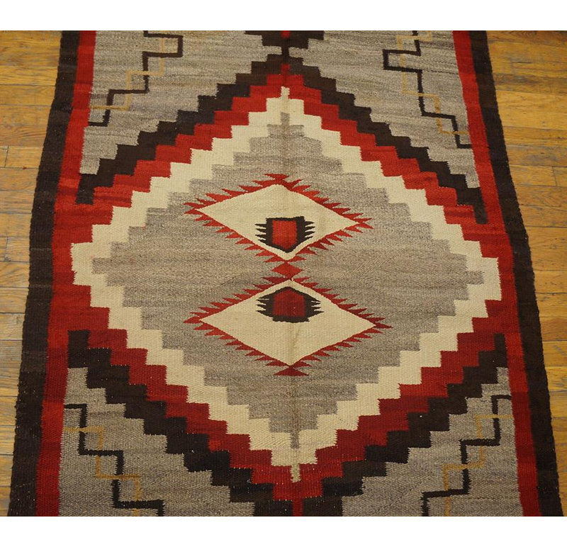 1930s Grey Red Brown Antique Tribal Navajo Rug 3'10"x7'4" Flatwoven Wool Carpet