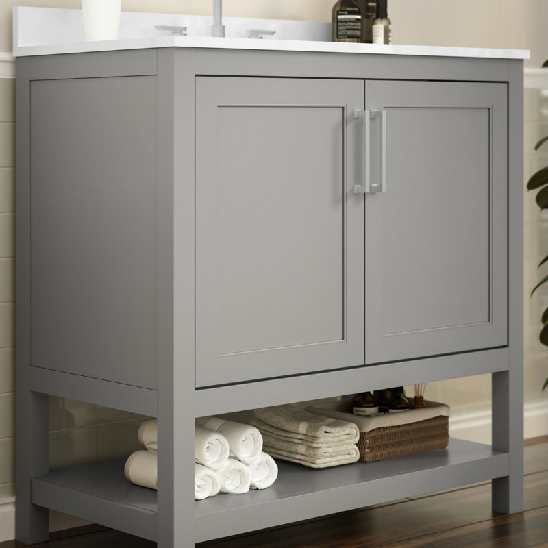 Meuble-lavabo de 36 po avec lavabo encastré et tablette de rangement ouverte Castielle, Gris, Nickel